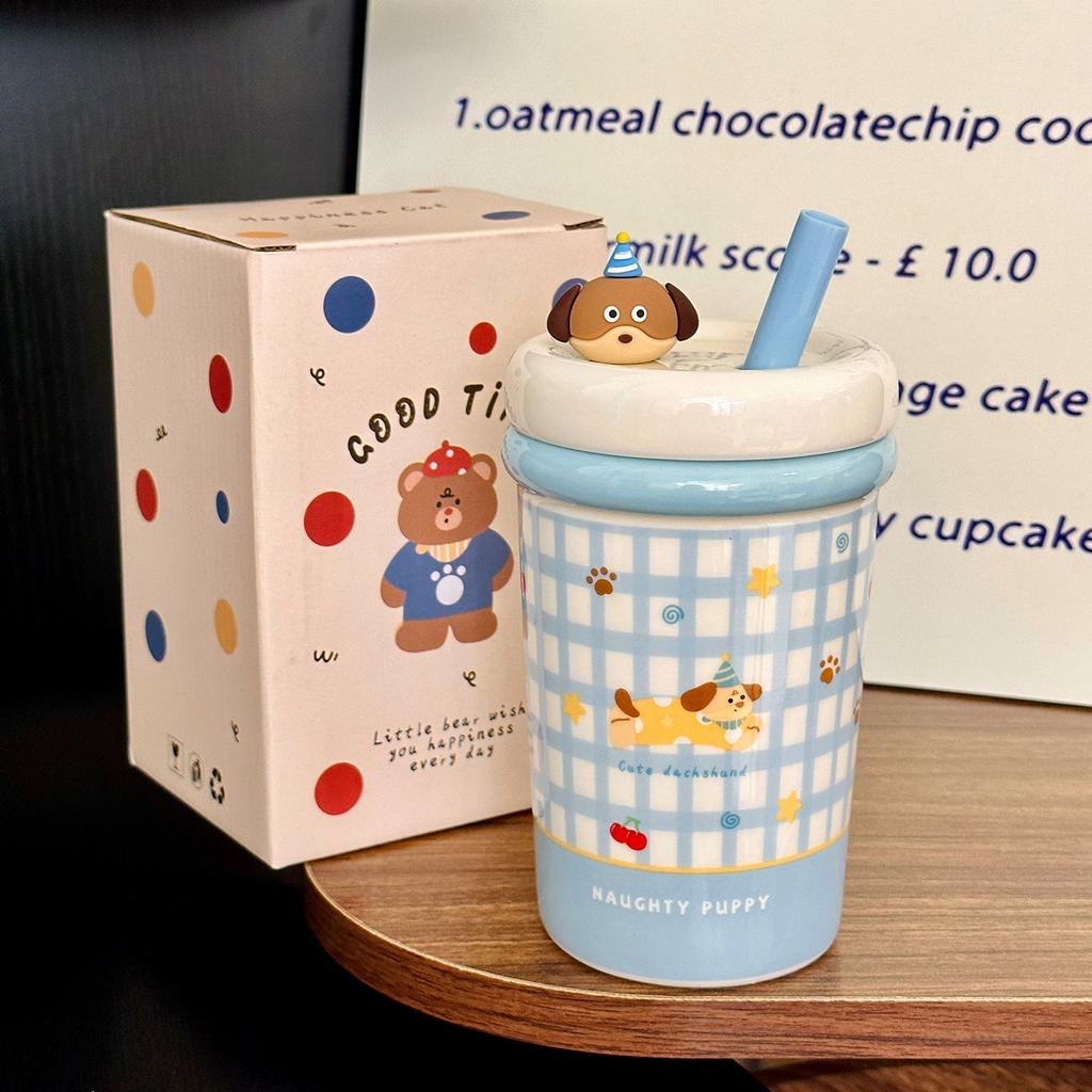 Cartoon Straw Cup Large Capacity Ceramic Drinking Cup with Lid Cute Animal Breakfast Milk Cup Souvenir