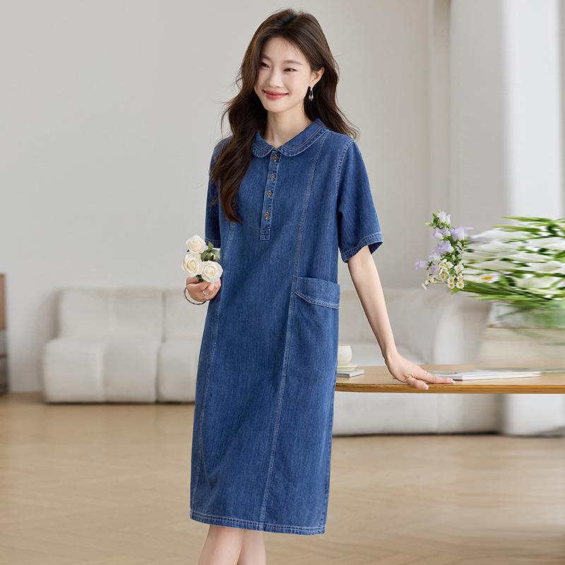 

Повседневное джинсовое платье женское летнее новое свободное и тонкое темпераментное универсальное платье-рубашка с коротким рукавом M