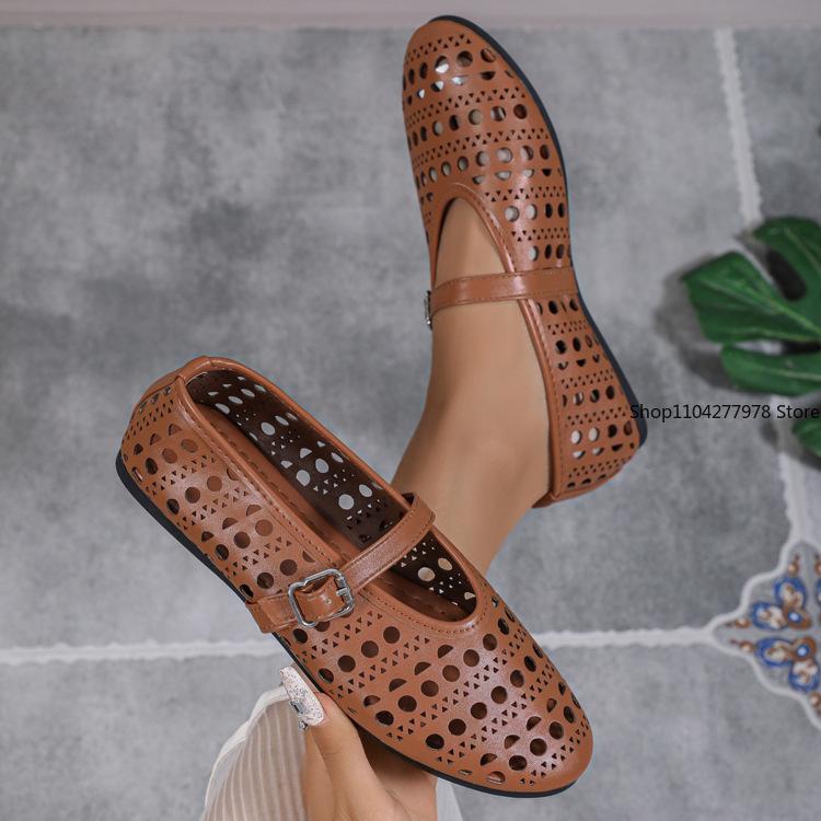 Fashion 2025 New Casual Fashionable Women's Summer Hollow Ladies Shoes  Closed Toe Sandals Soft and Comfortable Ballet Flat Shoes