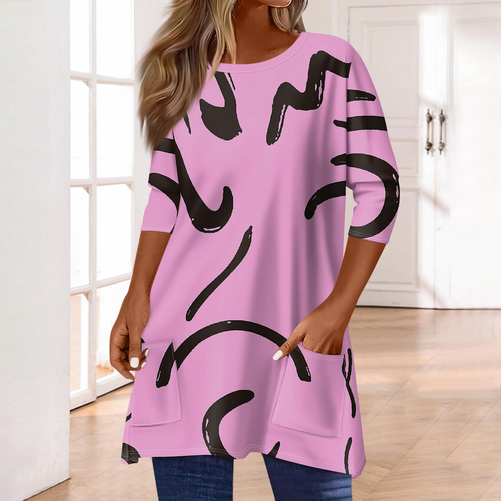 

3/4 рукава кармана топы для женщин футболка повседневный принт средней длины топы футболка круглый вырез пуловер блузка XXXL розовый