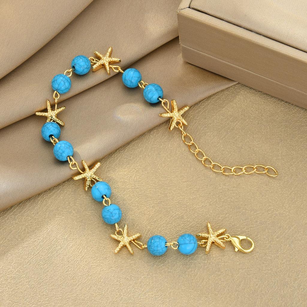 New Turquoise Starfish Bead Anklet For Women Fashion Bohemian Gold Color Anklet Set Female Summer Beach Foot Jewelry Accessories