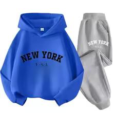 Herbst Warm New York Letter Cool Grafikdruck Kinder Langarm Hoodie + Hose Anzug 2er Set Sweatshirt Junge Mädchen Kind Sportbekleidung