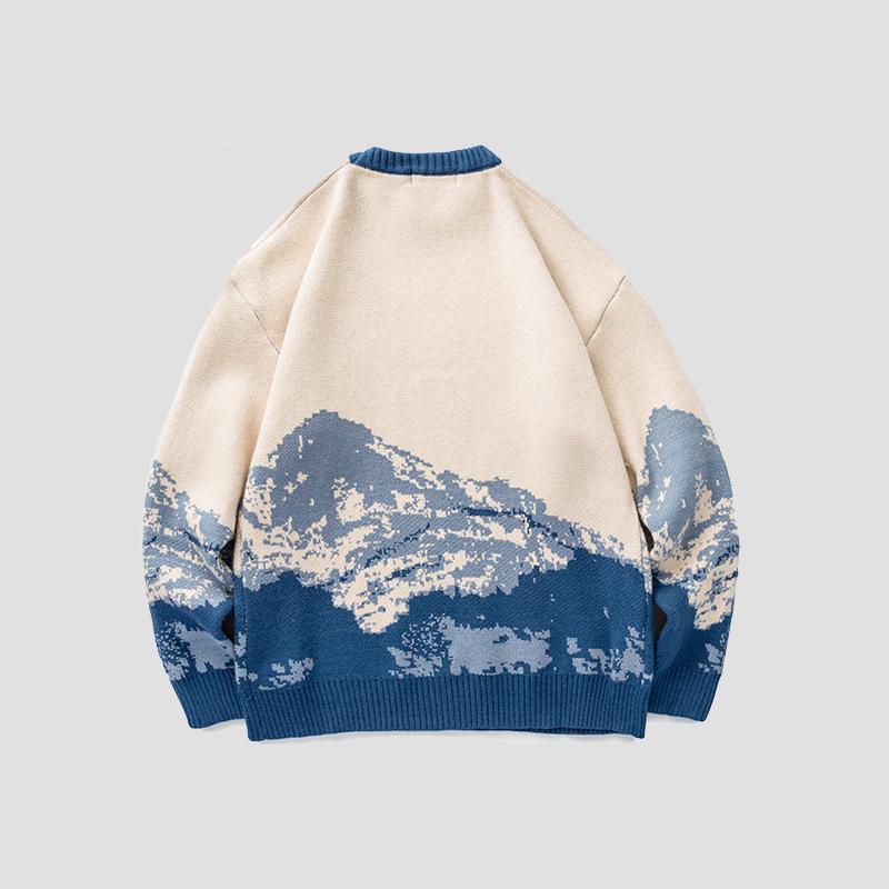 Men's Hong Kong Style Tie-Dye Snow Mountain Sweater: Trendy Round Neck, Loose Fit, Knitted, Long-Sleeve.