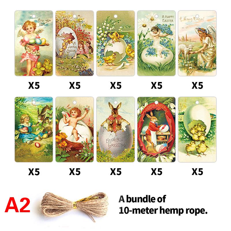 

50 шт. Пасхальные подарочные бирки со шнурками, бумажные бирки с дизайном пасхального кролика и яйца для упаковки подарков, сувениров для вечеринок и украшений