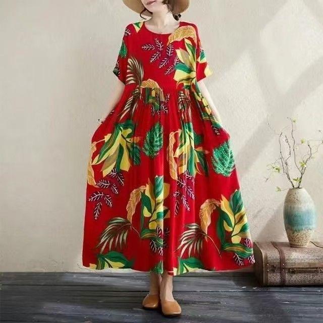 Summer New Literary Age Reduction Large Size Loose and Thin Printed Short-sleeved Long Dress with Pockets Over the Knee Skirt