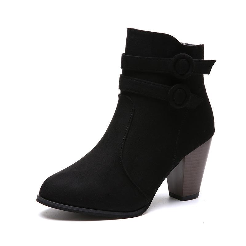 35-43 Large Size Autumn and Winter Suede Martin Boots Women's Zipper Belt Buckle Coarse Heel Boots