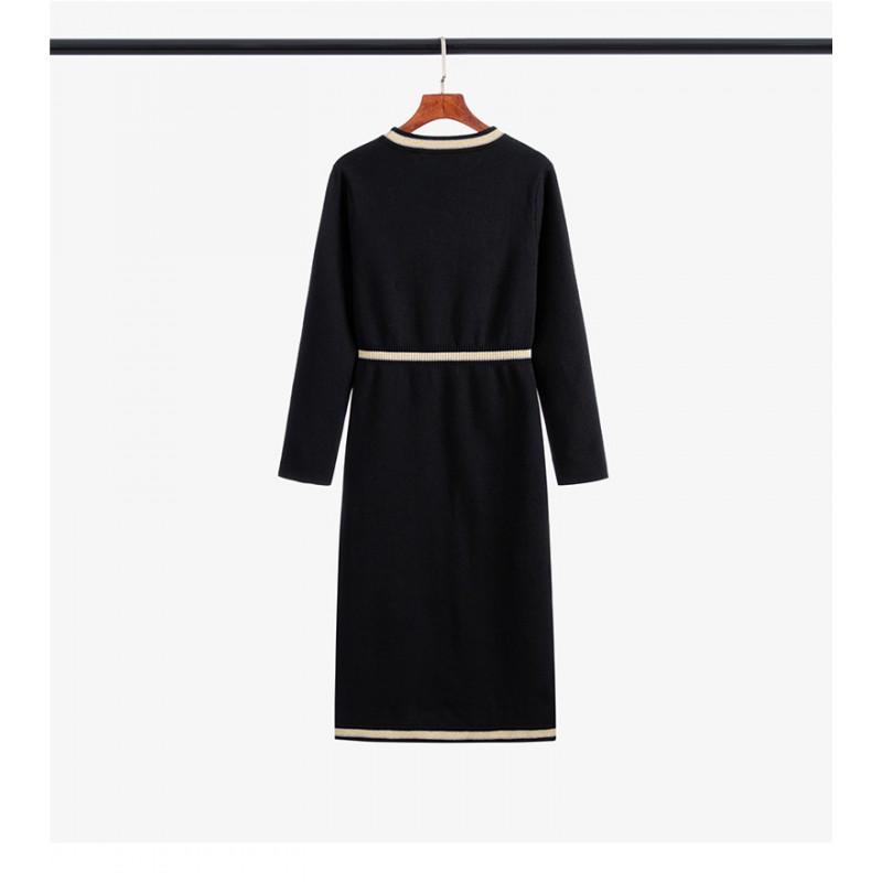 Elegant French Chic Knit Midi Dress Women Long Sleeve High Waist A-Line With Contrast Lurex Trim