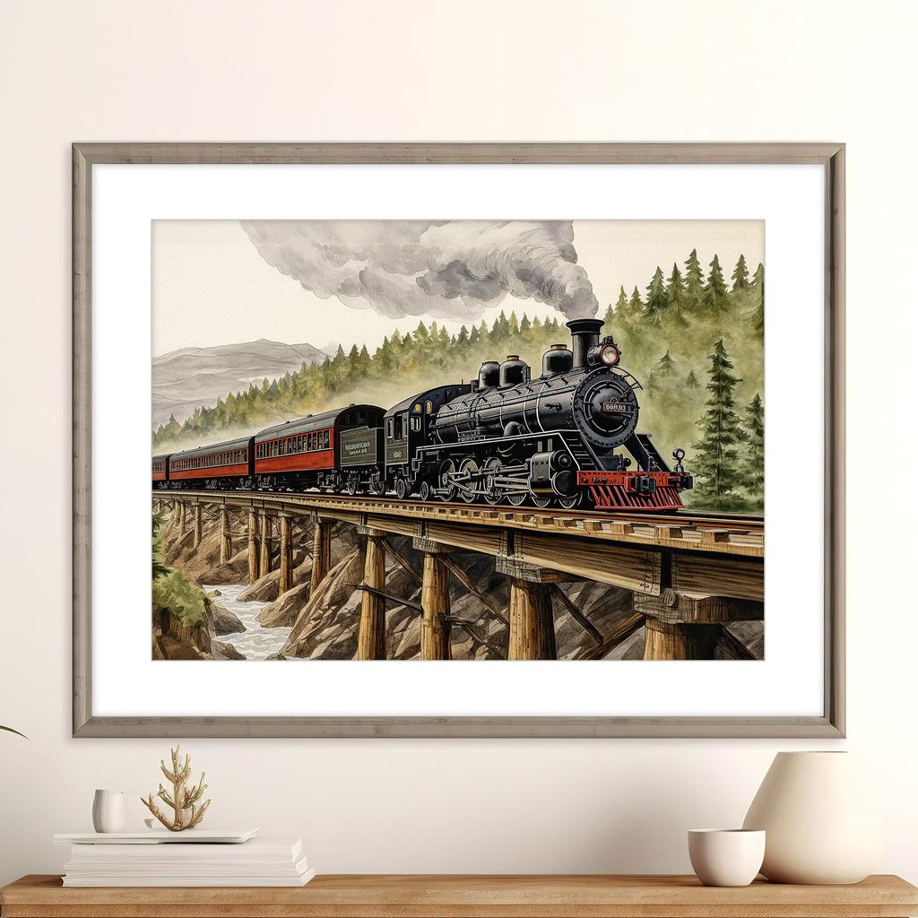 Watercolor Vintage Steam Train Railroad Locomotives Mountain Landscape Poster Canvas Painting Wall Art Pictures Home Decor