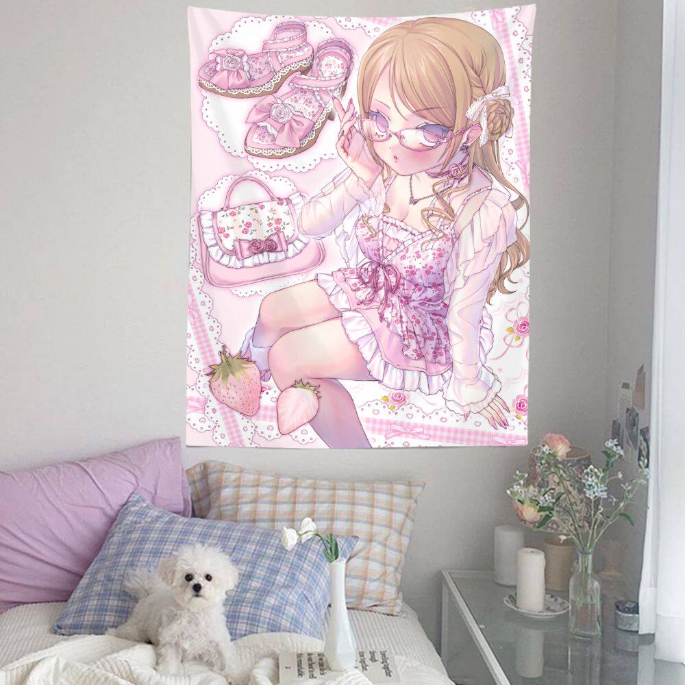 

New Cute Girl Tapestry Lolita Pink Mine Style Maid Aesthetic Wall Hanging For Bedroom Decor Background Cloth 74x94cm(29x37in)