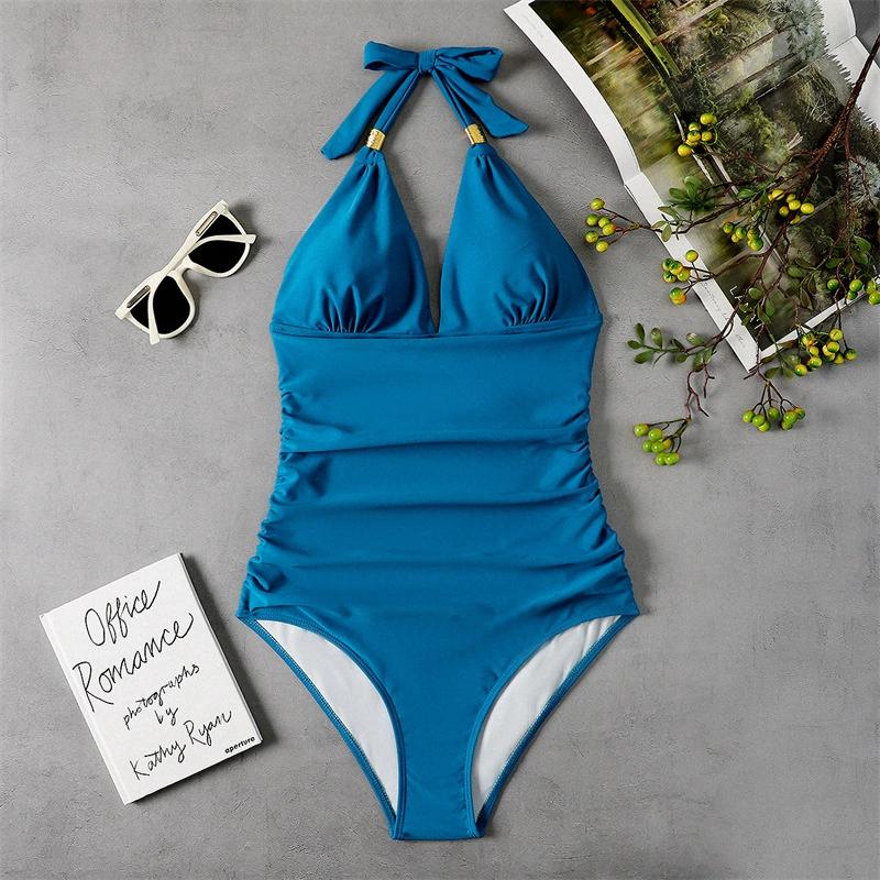 Einteiliger Badeanzug für Damen, einfarbig, Neckholder-Bodysuit, Push-Up-Badeanzug, Monokini, Strandmode, Übergröße