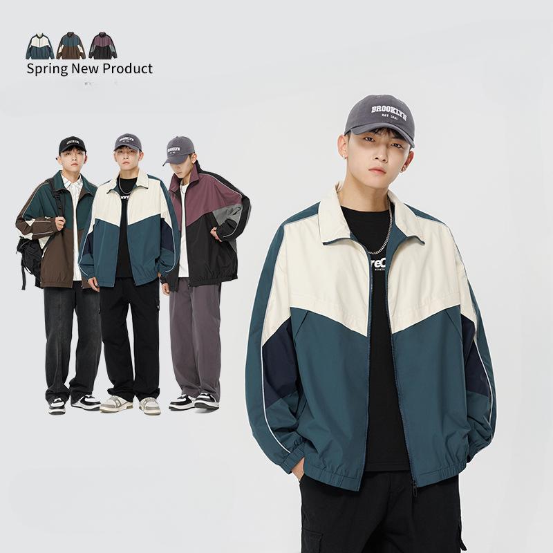 Trendy Brand American Retro Contrasting Color Stitching Stand-up Collar Jacket for Men and Women Autumn New Loose Trendy Couple Casual Jacket