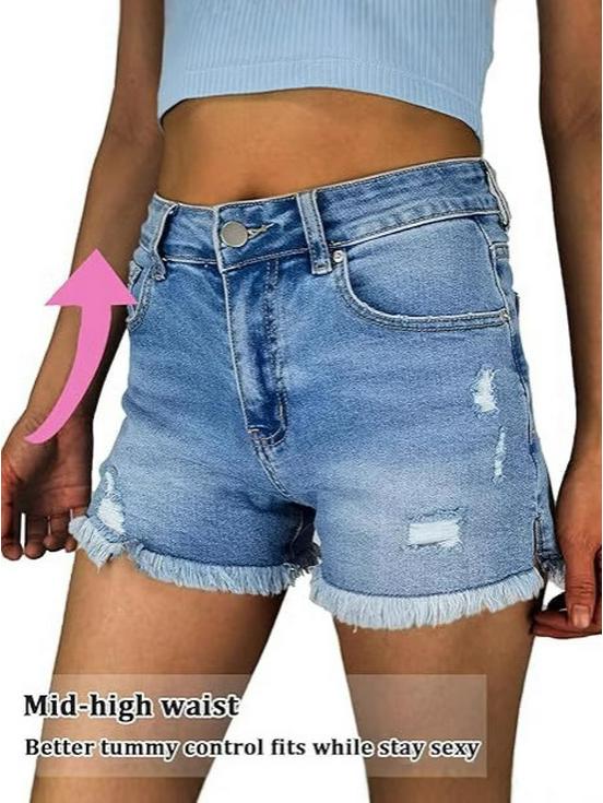 2025 Summer Women's Ripped Raw Hem Stretchy Denim Shorts in Washed Style