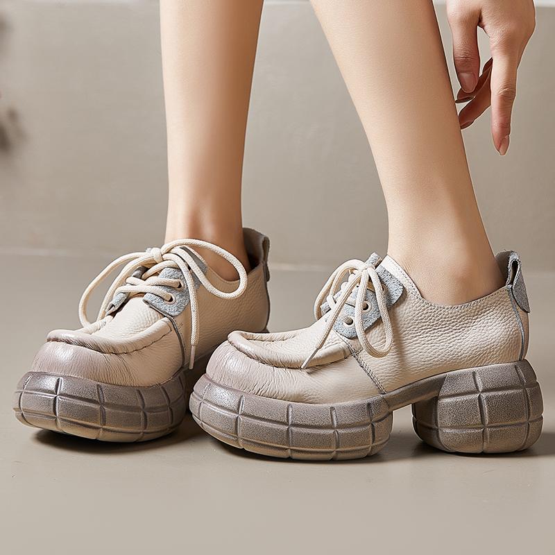 Mode GKTINOO Dicksohlige Erhöhende Pumps 2024 Frühling Neu Echtes Leder Schnürschuhe Vielseitige Retro Damen Plateau Schuhe