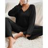 Women's Set of Loose Casual Long-sleeved V-neck Pit Striped Brushed Top and Trousers 2-piece Set