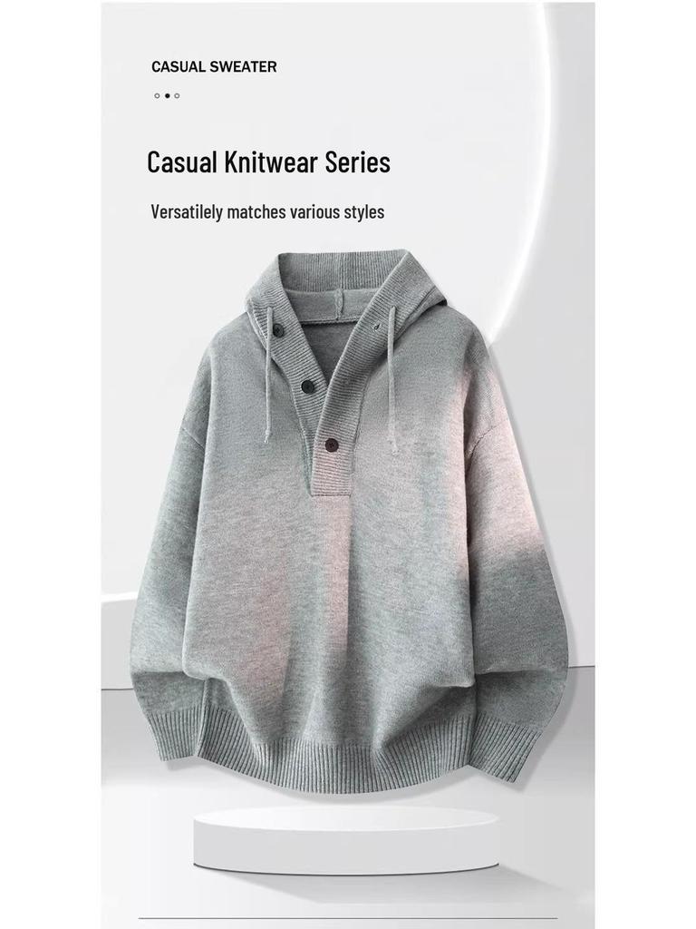 Men's Heavyweight Solid Color Knit Hooded Sweater - Loose Fit Casual Pullover for Autumn/Winter
