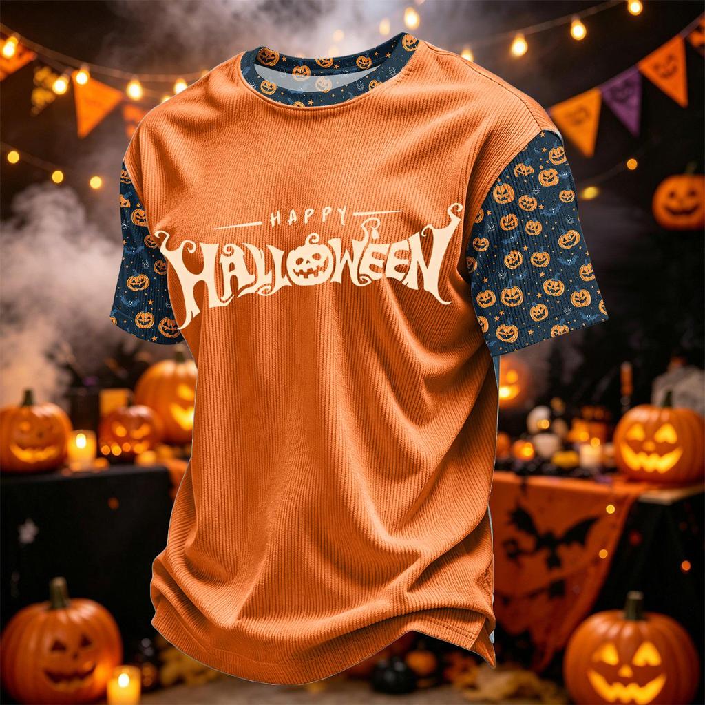 Herren Casual Corduroy Kurzarm Leicht Atmungsaktiv Rundhalsausschnitt Oberteil Halloween-Thema Aufdruck Buchstaben Design Bequeme Passform
