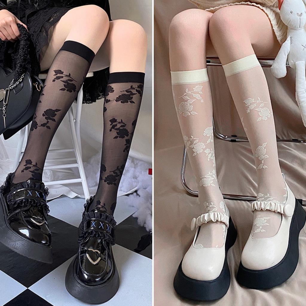 Night Teaching Room Rose Stockings Women'S Spring And Autumn Short Medium Tube White Lace Calf Socks Pure Desire White Silk Tide Socks
