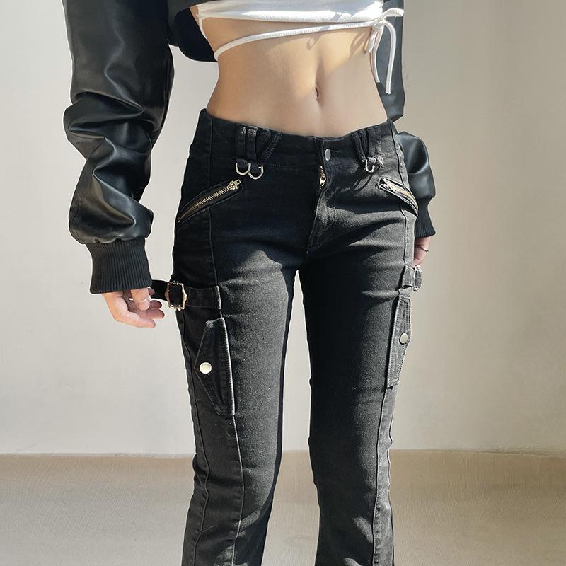 WTEMPO Značka Retro Street Hot Girls Styl Low Pas Micro Flare Jeans Osobnost Kapsa Ležérní kalhoty Ženy Micro Flare Kalhoty