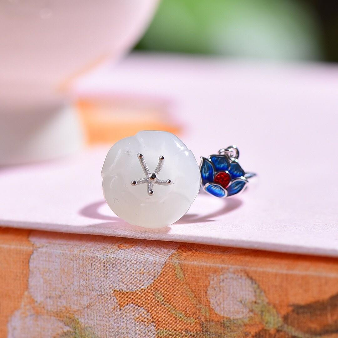 Xinjiang Hotan Jade White Cabochon S925 Silver Gold-Plated Peacock Ring for Women