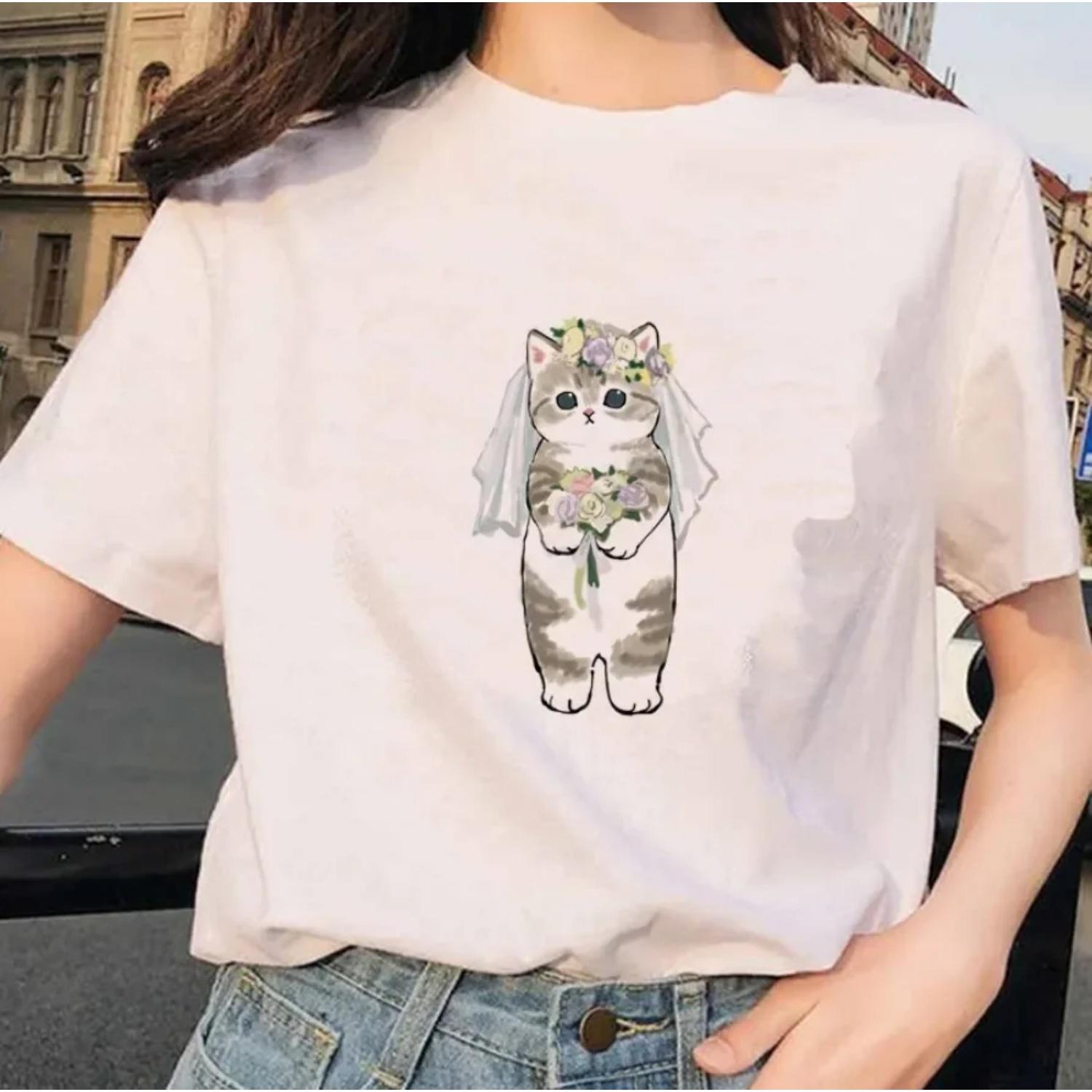 White Short Sleeve Crew Neck T-Shirt Hot Sale Of The Season Shrimp Pattern Printed Cat Women s Fashion Cross-Border Wish Ebay Mo S