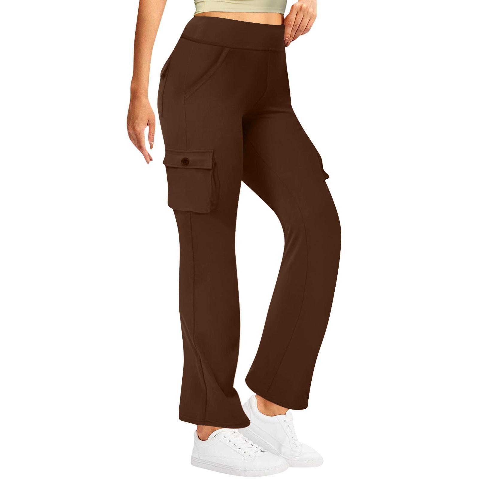 

Женские модные космические боковые карманы, эластичная талия, пуговицы, однотонные брюки с несколькими карманами L кофейный