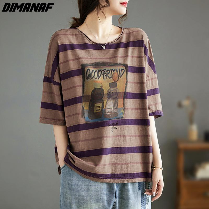 

DIMANAF 2024, новая летняя женская блузка больших размеров, футболка, повседневные топы, футболки с принтом, хлопковая свободная винтажная полосатая рубашка 2XL