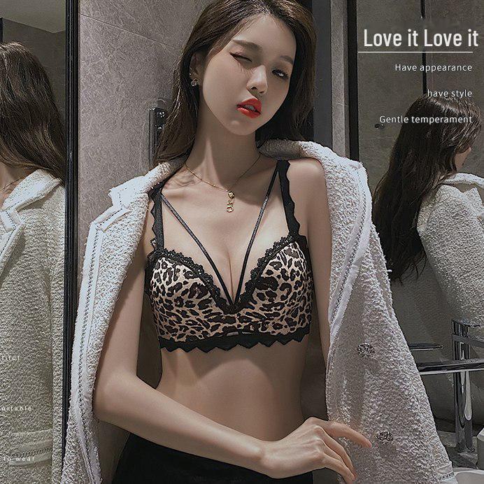 

Женский комплект нижнего белья пуш-ап с леопардовым принтом, беспроводной, для визуального увеличения маленькой груди, бюстгальтер с боковой поддержкой 36/80 Thick Cup (AB Cup, Approx. 3CM)