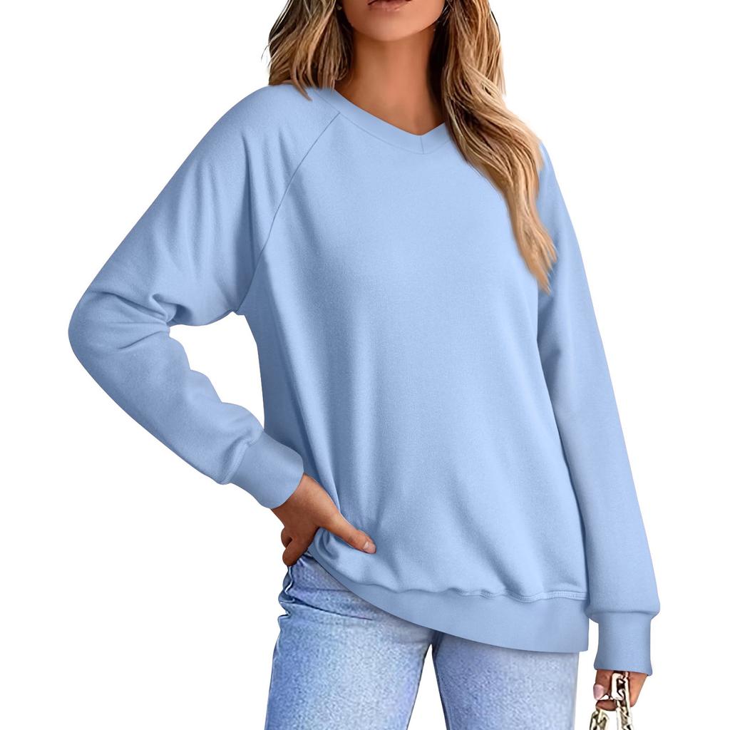 Women's Fashion Sweatshirt V-neck Long Sleeve Color Casual Loose Pullover Raglan Sleeve Sweatshirt Sweater