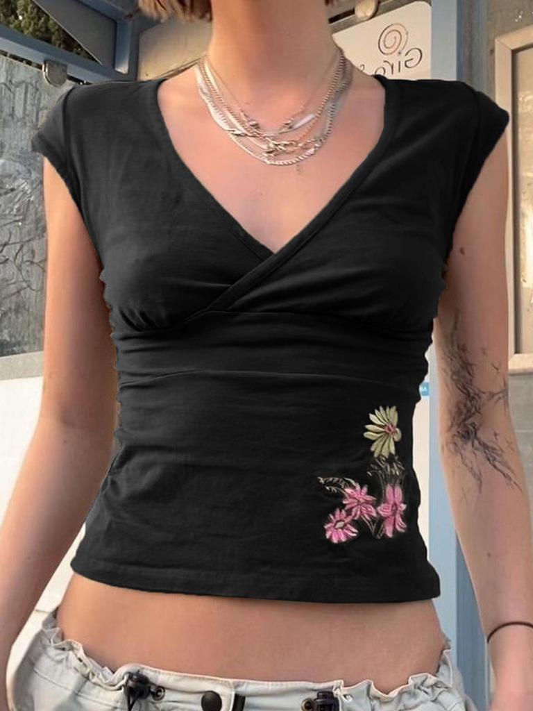 2026 Šik květinový úzký crop top s výstřihem do V a výšivkou pro ženy - Jaro/Léto Sladký a pikantní design
