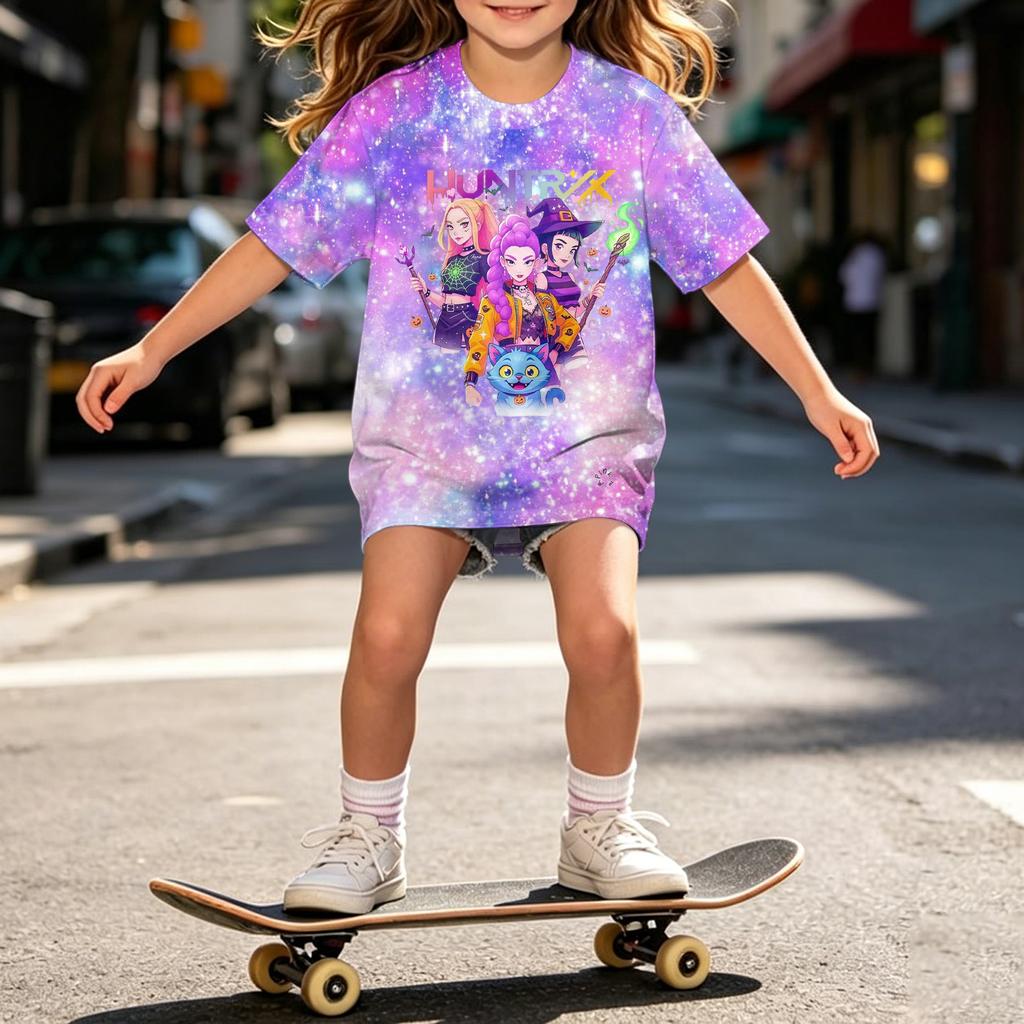 Girls Loose Fit Short Sleeve T Shirt Halloween Inspired Demon Hunter Print Casual Comfortable Top for Kids