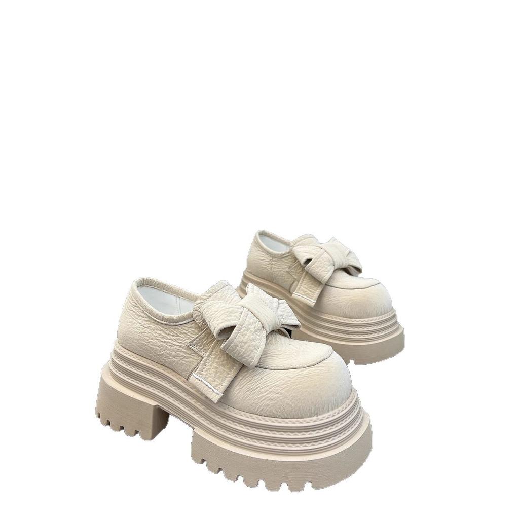 European spring bow platform muffin small leather shoes casual shoes small height increase single shoes women