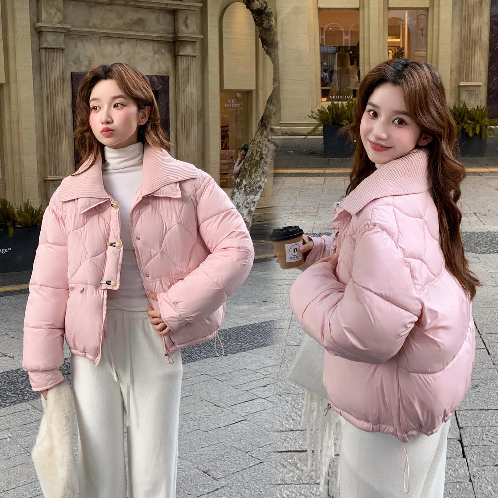 Winter new Korean version knitted double-layer collar short puff cotton clothes age-reducing thin warm jacket