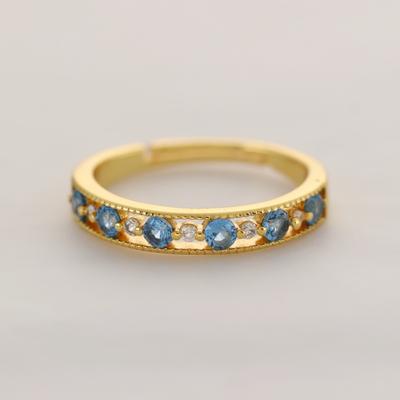 18K Gold Plated Adjustable Brass Open Ring for Women Design with Multi-sided Cutting Blue Cubic Zirconia Daily Glam & Parties - Elegant Gift