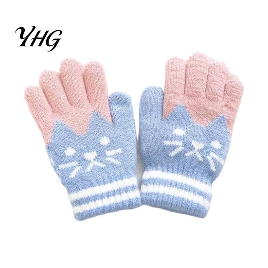 Cozy Imitation Cashmere Gloves for Kids 1 Pair Winter Gloves, Thick Lined Mittens with Windproof Toddlers Cute Cat Pattern, Soft Warm Knit Handwear