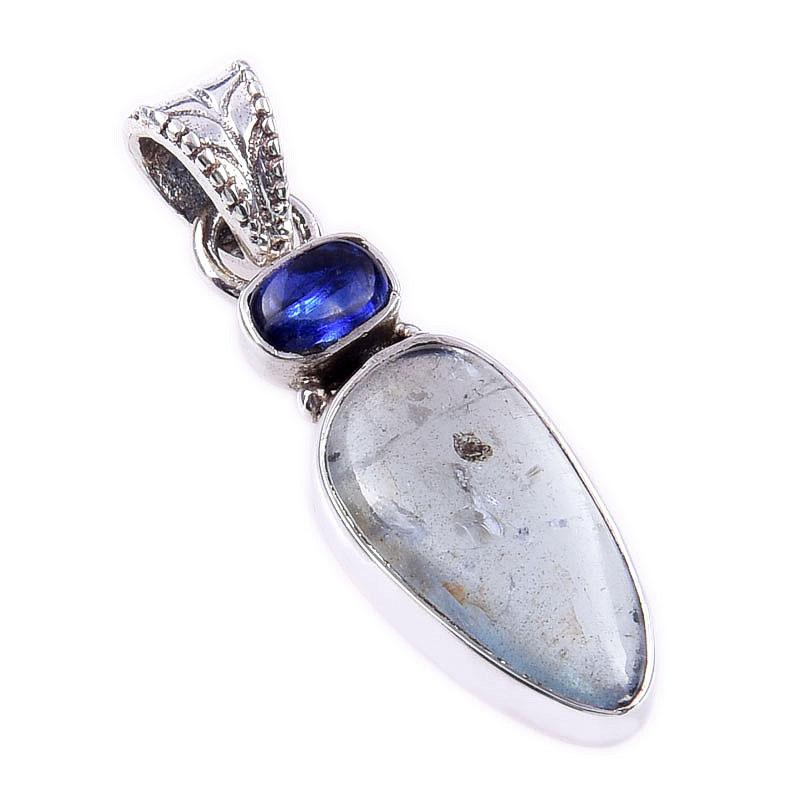 Natural Aquamarine, Kyanite 925 Solid Sterling Silver Jewelry Pendant 1.25" w7J91