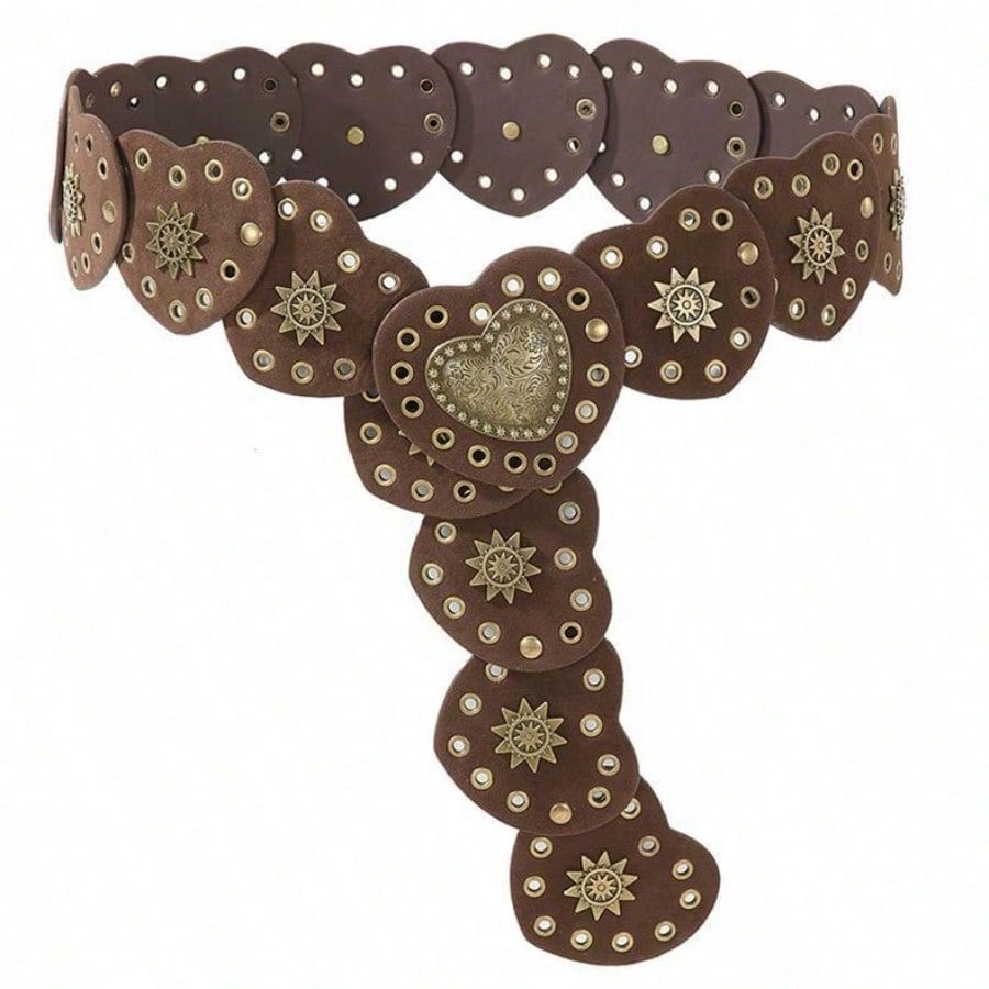 Retro Niche Style Heart-shaped Belt with Metal Decoration, Perforated Waist Belt, Adjustable Buckle