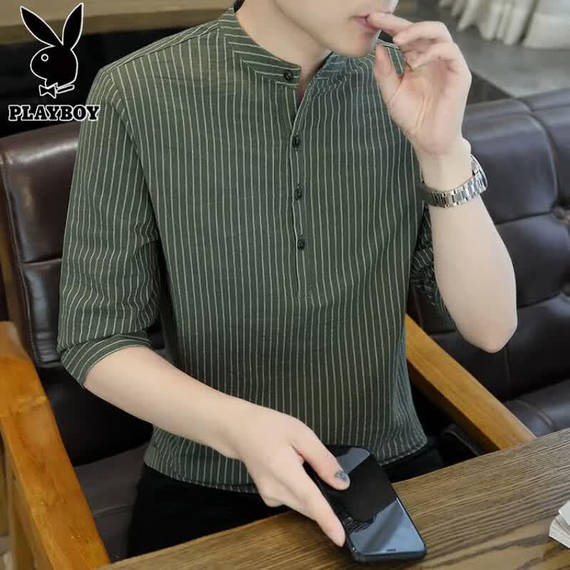 PLAYBOY Men s Summer Striped Stand Collar Cotton Shirt 4XL