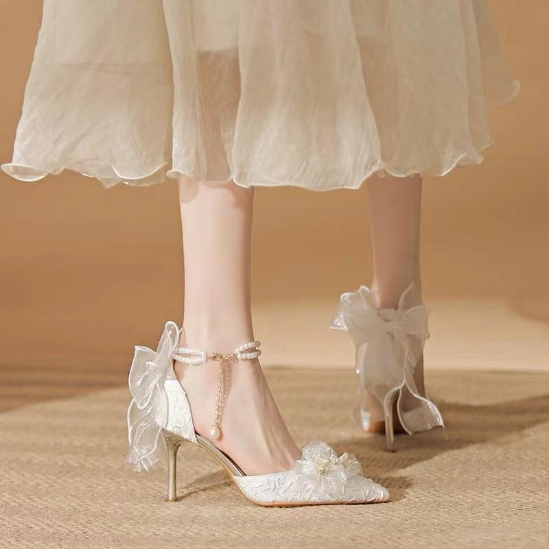 White Stiletto High Heels with Two-Way Butterfly Design - Perfect for Weddings