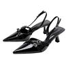 2025 new pointed heel belt buckle fashion single shoes bag head patent leather word with high heel sandals spot