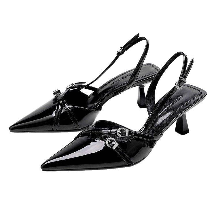 2025 new pointed heel belt buckle fashion single shoes bag head patent leather word with high heel sandals spot