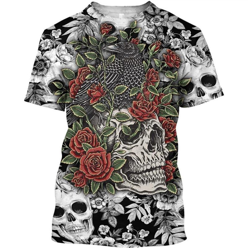 XXS-6XL Plus Size T-shirt Retro Dödskalle Ros Grafik Herr T-shirt För Män Sommarmode Casual Kortärmad T-shirts 3D-tryckta Toppar