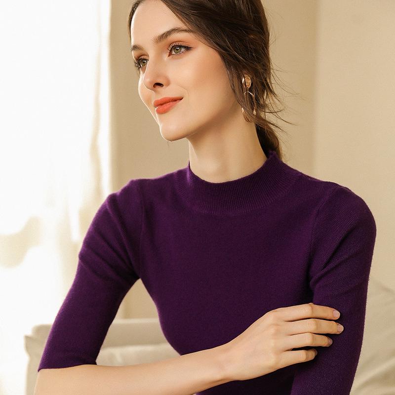 2021 Spring Knitted Half-High Neck Slim Pullover with Five-Point Sleeves