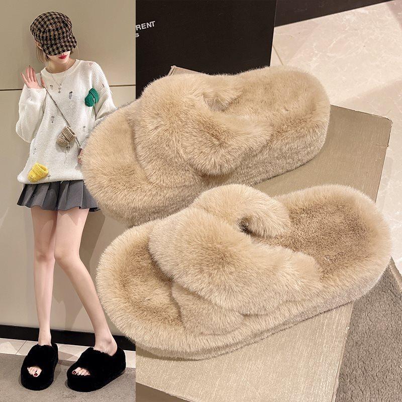 CM Slippers Cross High Heel Bottom Fluffy Fluffy Slippers Women's Autumn and Winter Muffin New 2025 Plush Super Thick 7