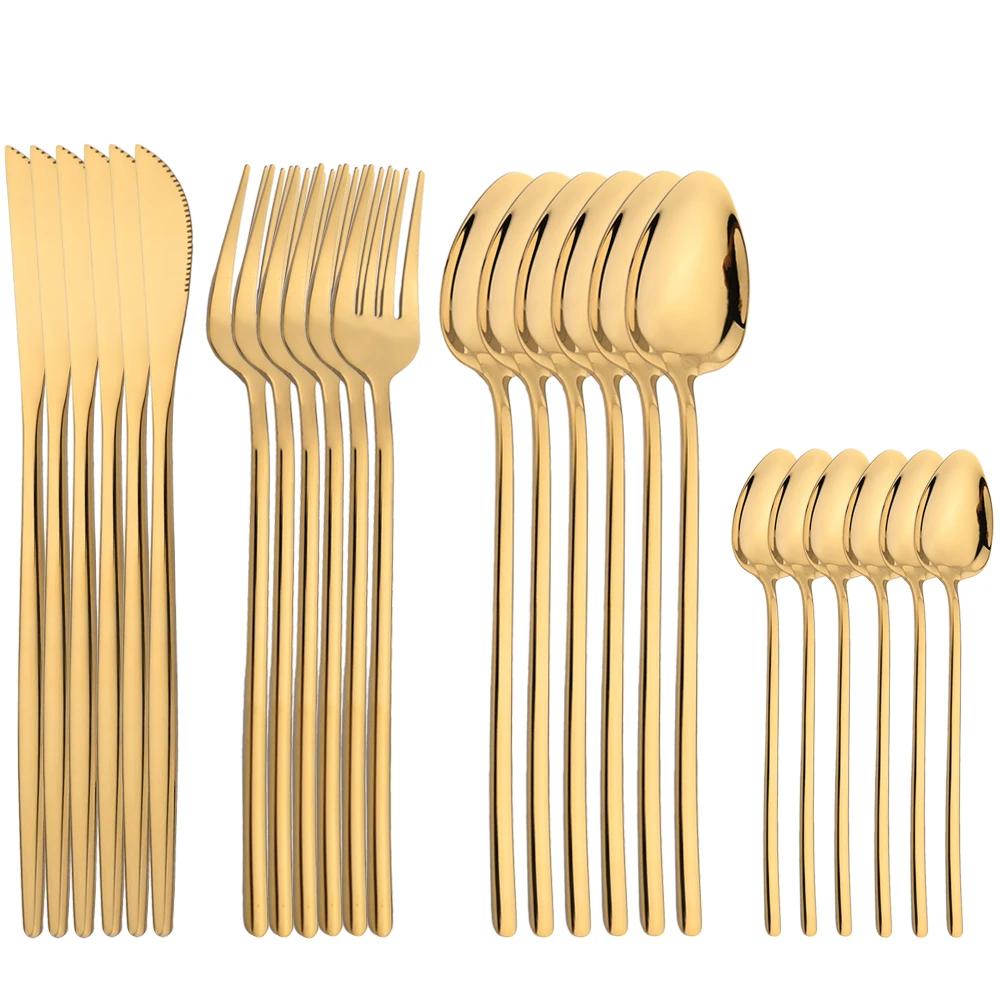 24Pcs Dinnerware Stainless Steel Tableware Set Gold Mirror Cutlery Kitchen Knife Fork Spoon Restaurant Wedding Flatware Set