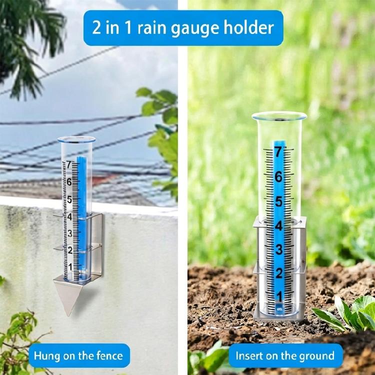Lawn and Garden Rain Gauge with Clear Tube Wall Mount or Soil Insert Design Metal Holder and Included Hardware for Backyard Rain Tracking