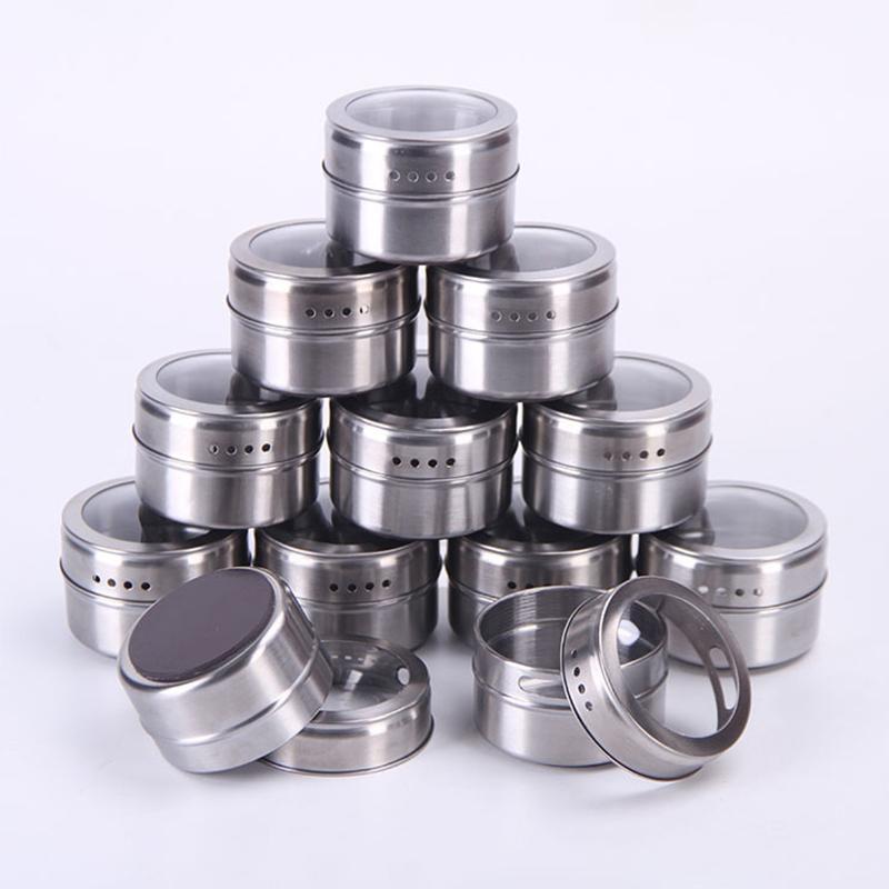 Magnetic Spice Tins Stainless Steel BBQ Spice Container Storage Box with Transparent Lid Kitchen Seasonings Herbs Spices Jars