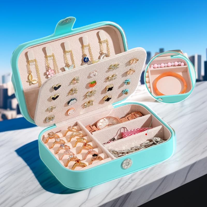 

Luxury Faux Leather Jewelry Box with Buckle Closure Multipurpose Dual-Layer Storage for Earrings, Necklaces, Rings with Secure Lock синий