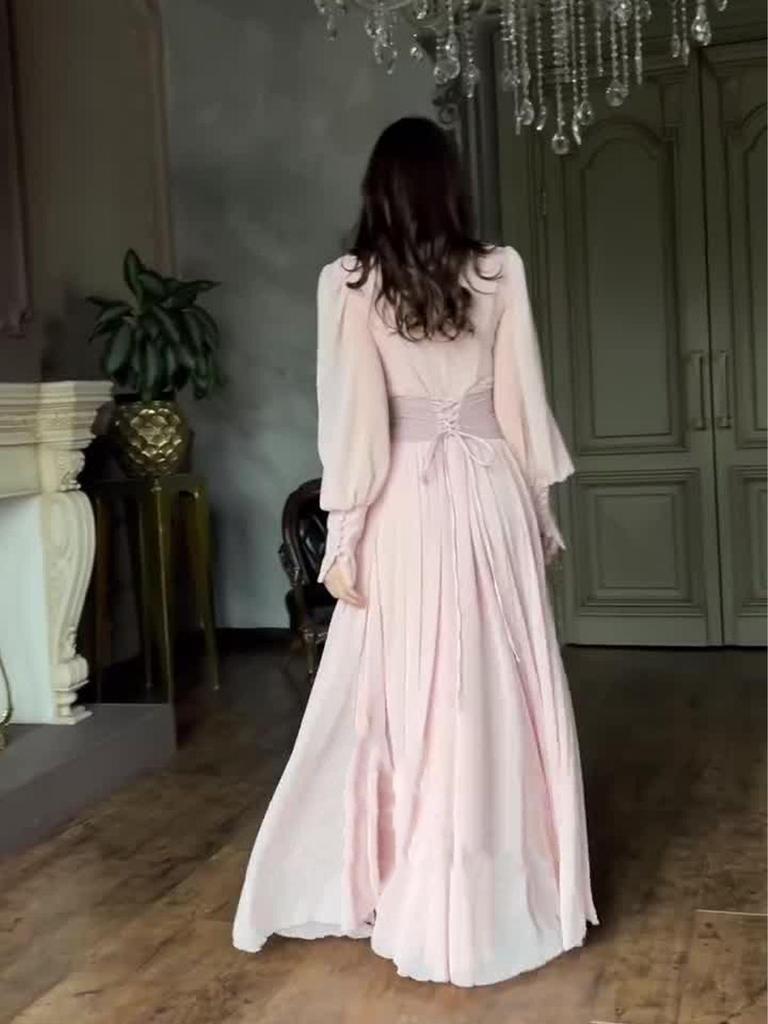 Retro Long Sleeve Waist-Cinching Fairy Dress 2025 - European and American Spring Style