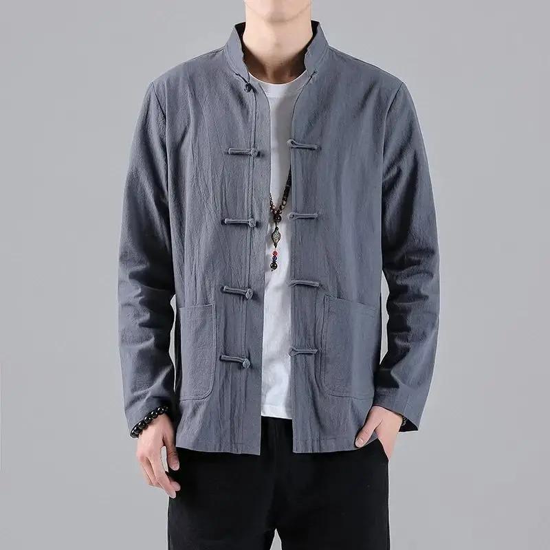 Men Linen Kungfu Cheongsam Top Hanfu Tang Suit Chinese Shirt Style Jacket Collar Traditional Chinese Clothing for Men