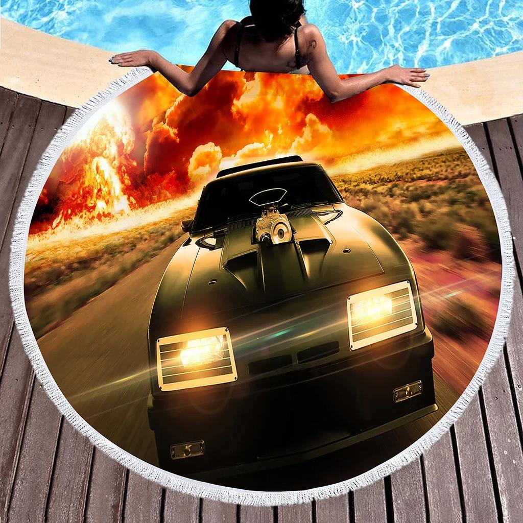 Sport Car Round Beach Towel,Cool Racing Print Sand Resistant Beach Blanket,Absorbent Quick Dry Pool Towel Portable Picnic Mat
